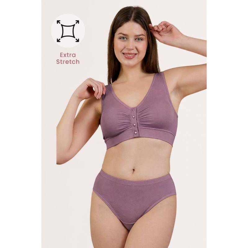 Zelena Ruched Maternity and Nursing Bra Soft Modal Front-Open Feeding Bra Purple (S)