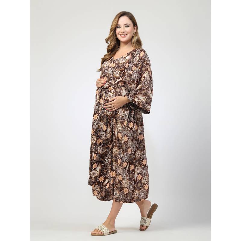 Zelena Printed Maternity Feeding Kaftan Rayon Dress Brown (M)