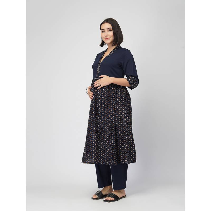 Zelena Maternity and Nursing A-Line Feeding Kurta and Pant Navy Blue (M)