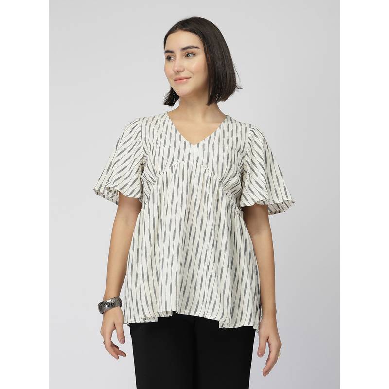 Zelena Ikat Maternity and Nursing Top Cotton Feeding Kurti with Front Zip Off-White (XL)
