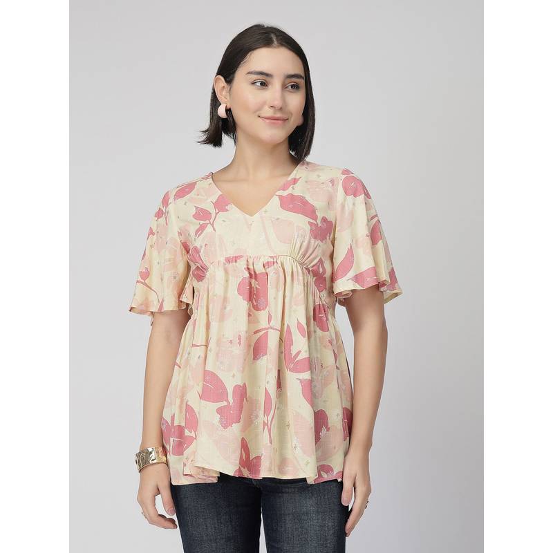 Zelena Printed Maternity and Nursing Top Rayon Gathered Feeding with Front Zip Pink (2XL)