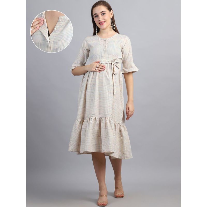 Moms Maternity Women's Checked Print Khadi Cotton Off White Maternity Midi Dress (2XL)
