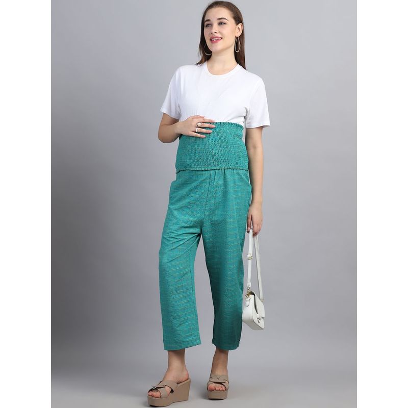 Moms Maternity Women Checked Printed Khadi Cotton Maternity High Waist Green Joggers (M)