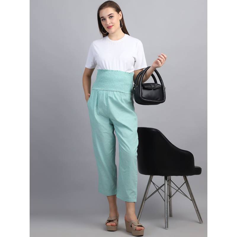 Moms Maternity Women Solid Khadi Cotton Maternity High Waist Sky Blue Joggers (XL)