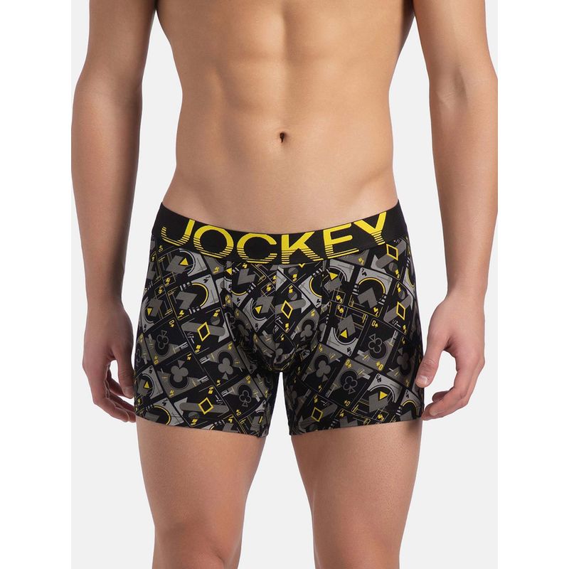 Jockey FP23 Men Super Combed Cotton Elastane Printed Trunk - Black Empire Yellow (L)