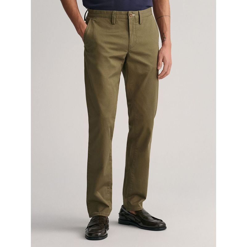 GANT Men Green Solid Slim Fit Flat Front Chinos (30)