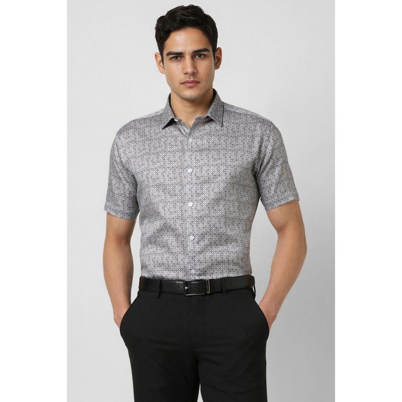 Van Heusen Men Grey Slim Fit Print Half Sleeves Party Shirt (39)