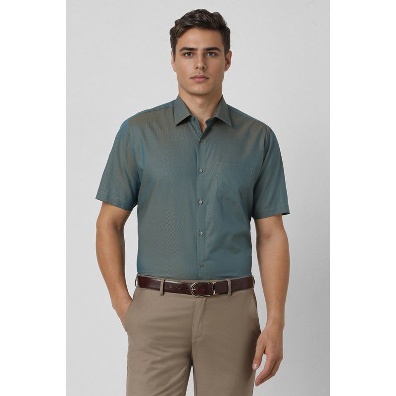 Van Heusen Men Green Regular Fit Textured Half Sleeves Wedding Shirt (39)