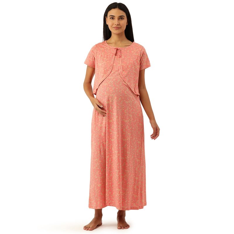 Nejo Feeding-Nursing Maternity Full Length Night Dress - Pink (S)