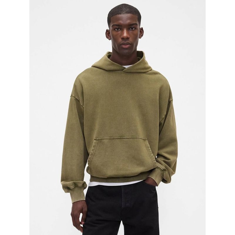 GAP Men's Olive Relaxed Fit Drop-Shoulder Hooded Neck Hoodie (XS)