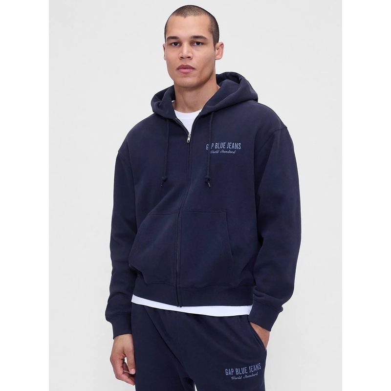GAP Men's Navy Blue Logo Zip-Front Oversized Hoodie (S)