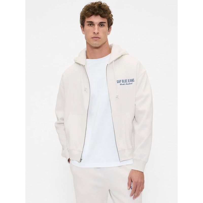 GAP Men's White Logo Drop-Shoulder Zip-Front Hoodie (M)