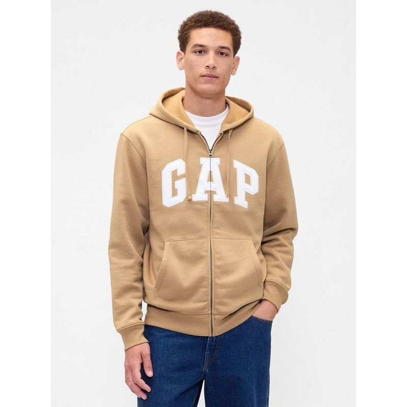 GAP Men's Beige Applique Logo Zip-Front Relaxed Fit Hoodie (XS)