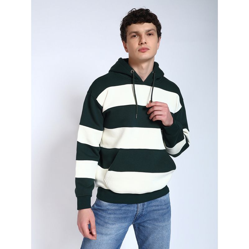 Perch Bottle Green Striped Regular Fit Hoodie (XL)