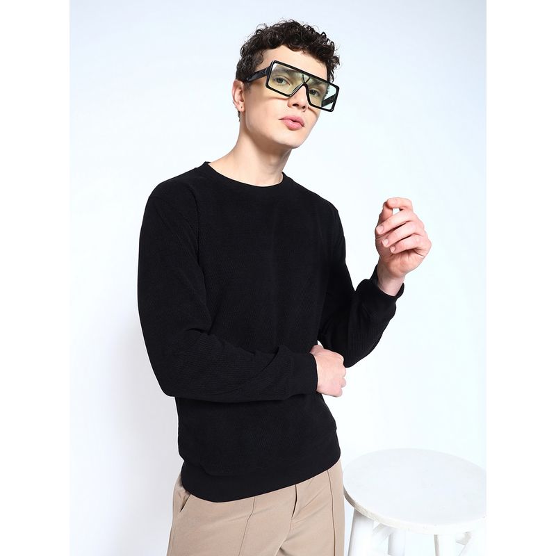 Perch Men's Solid Textured Sweat Knit Pullover Black Sweater (XS)