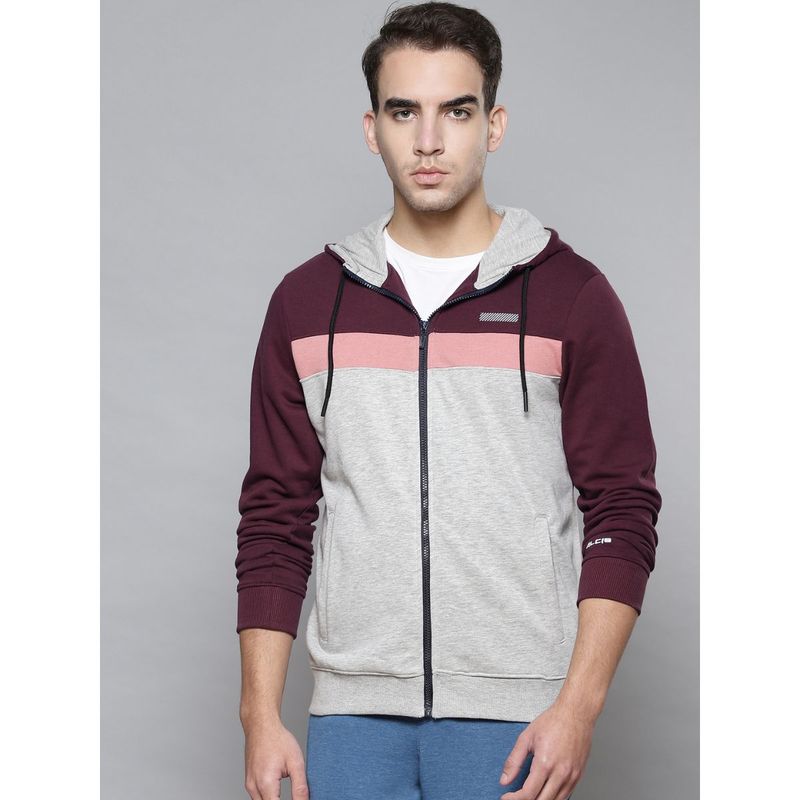 Alcis Men Grey Melange Burgundy Solid Cotton Regular Outdoor Sporty Jacket (XL)