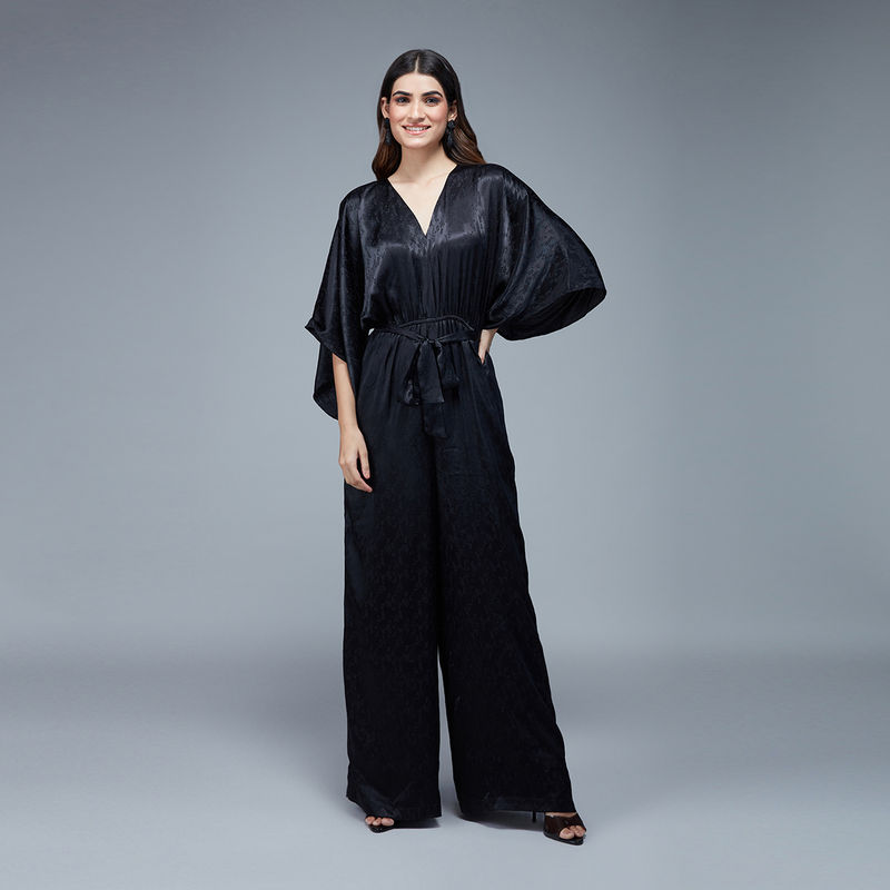 Twenty Dresses by Nykaa Fashion Black Jacquard V Neck Wide Leg Jumpsuit (M)