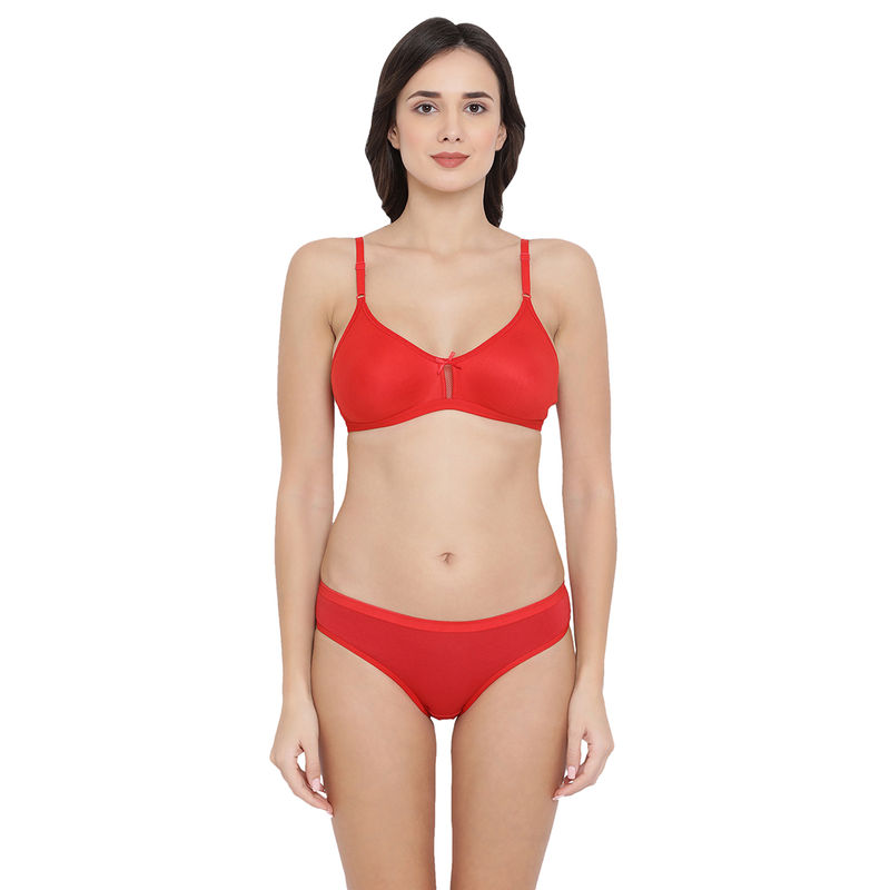 Clovia Cotton Non-Padded Non-Wired Bra With U Back & Low Waist Bikini Panty - Red (40B)