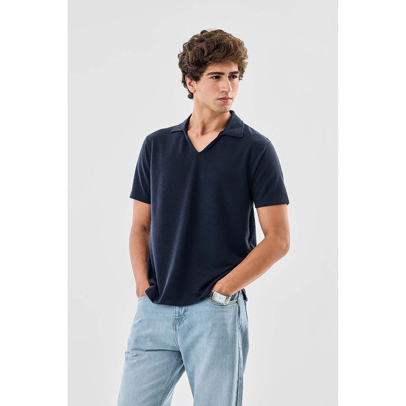 Snitch Navy Blue Textured Slim Fit Polo T-Shirt (M)