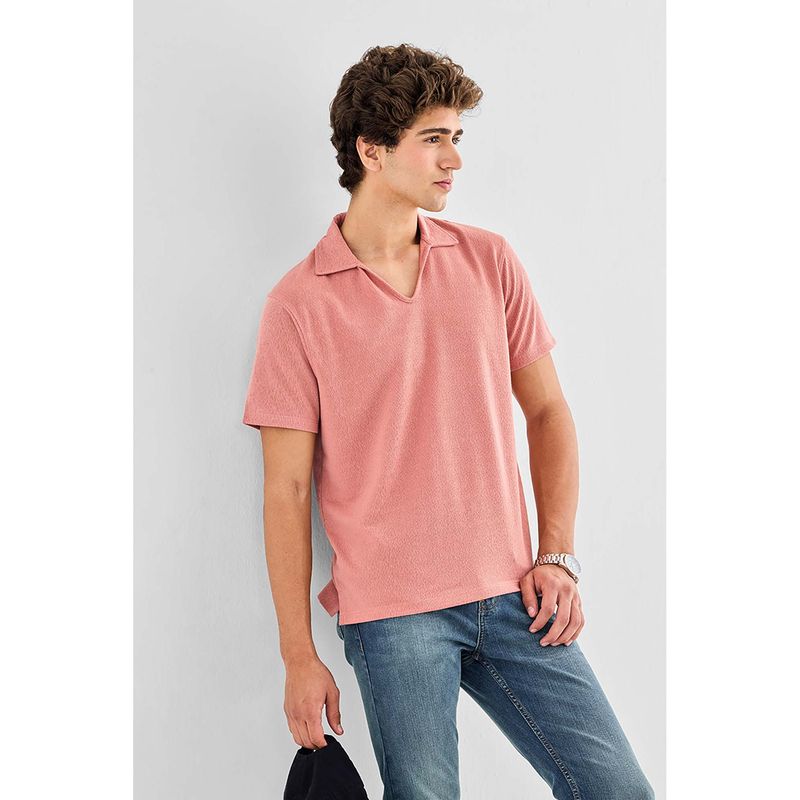 Snitch Peach Textured Slim Fit Polo T-Shirt (XS)