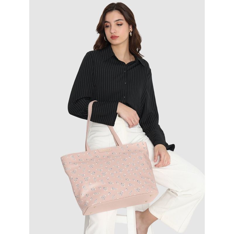 Caprese Womens Merida Large Peach Floral Print Office Tote Bag