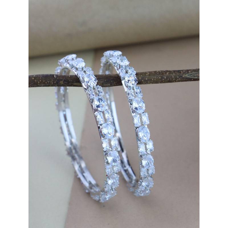 I Jewels Silver Plated Thick Brass Bangles With CZ American Diamonds (Pack of 2) (2.4)