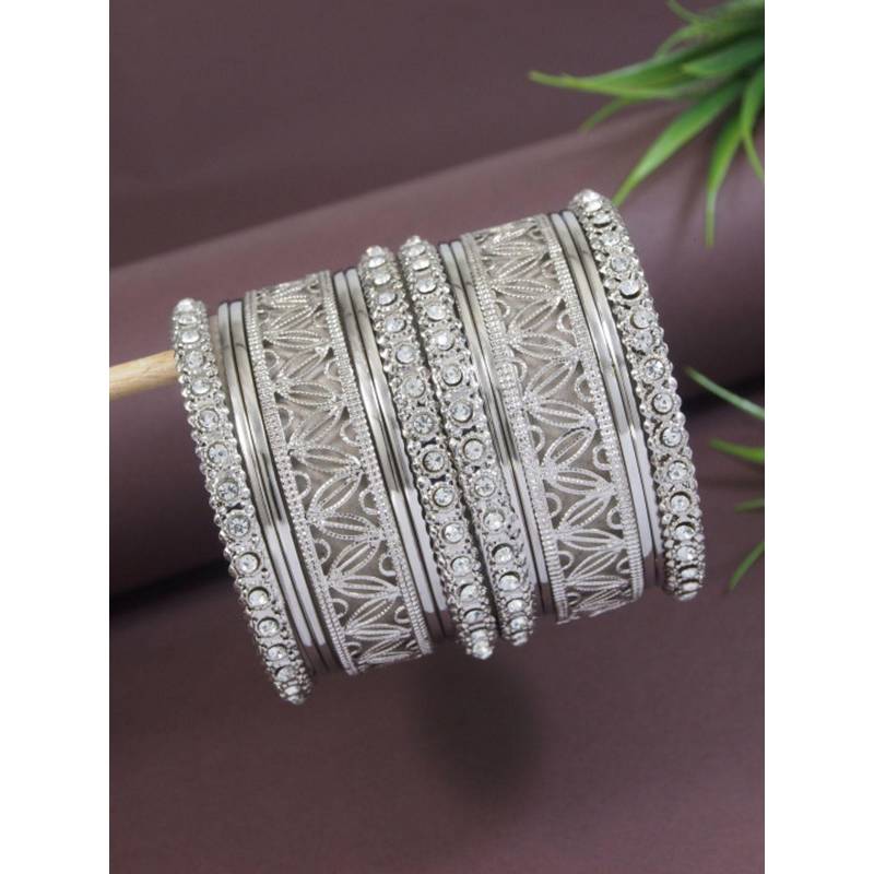 I Jewels Ethnic Stylish Latest Fashion Silver Plated Stone Work Bangles (Pack of 14) (2.4)