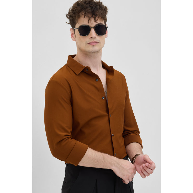 Snitch Mens Brown Solid/Plain Full Sleeves Slim Casual Shirt (XL)