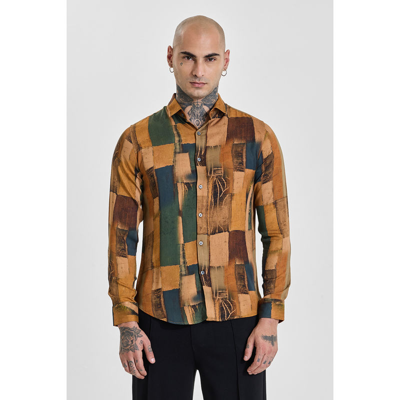 Snitch Mens Brown Abstract Full Sleeves Slim Casual Shirt (XS)