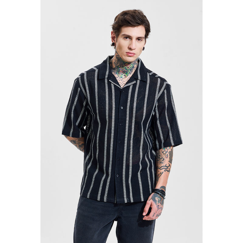 Snitch Mens Black Half Sleeves Oversized Casual Shirt (M)