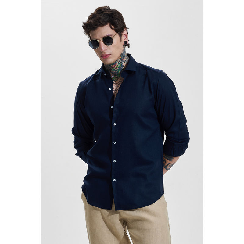 Snitch Mens Navy Blue Solid/Plain Full Sleeves Slim Casual Shirt (XL)