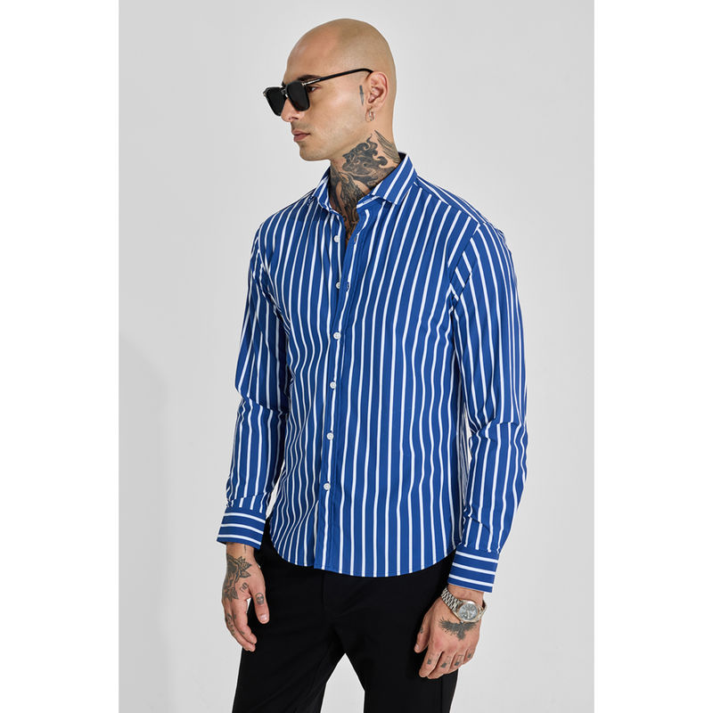 Snitch Mens Royal Blue Stripes Full Sleeves Slim Casual Shirt (2XL)