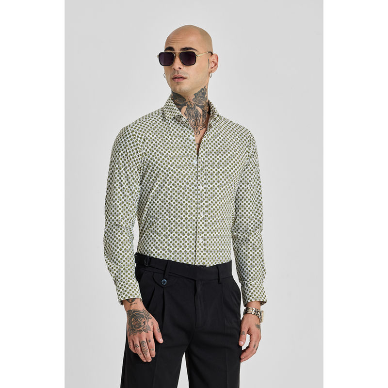 Snitch Mens Olive Green Geometric Full Sleeves Slim Casual Shirt (XS)