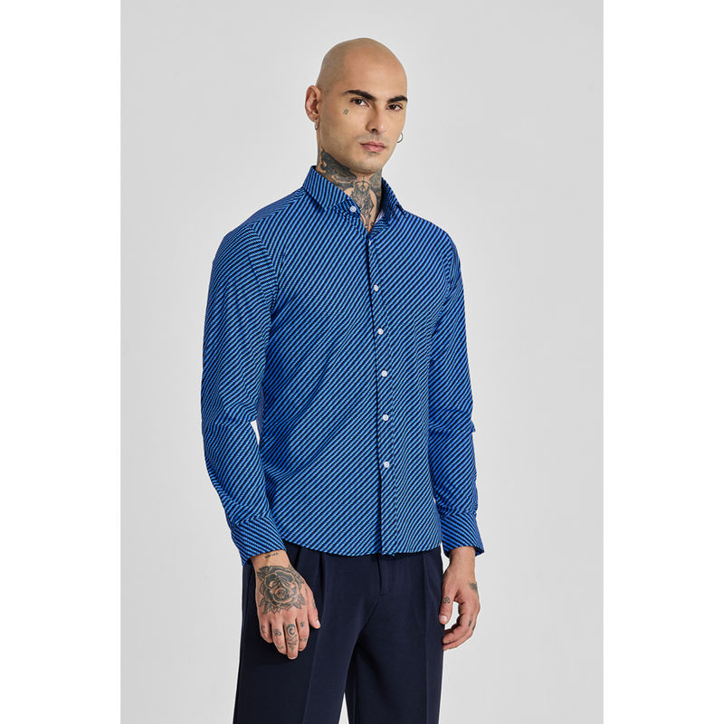 Snitch Mens Royal Blue Printed Full Sleeves Slim Casual Shirt (S)