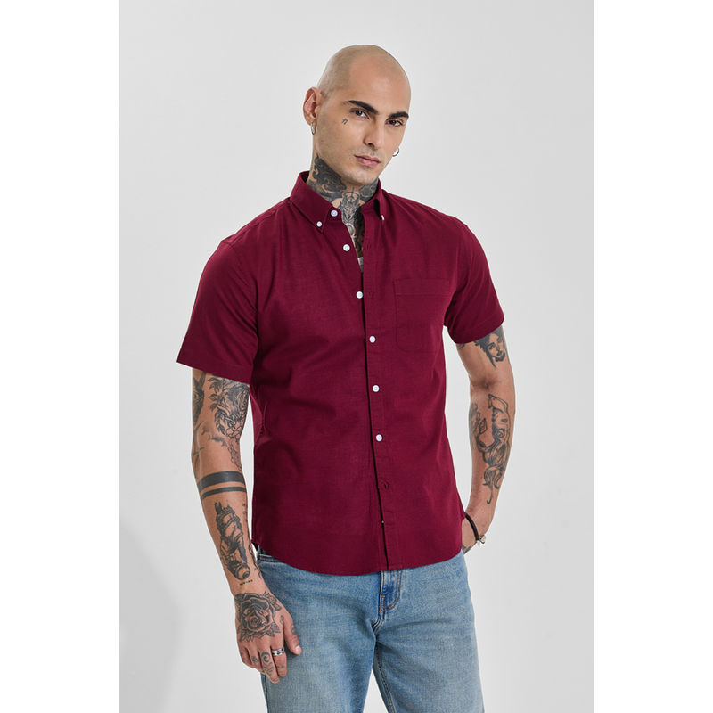 Snitch White Burgundy Solid/Plain Half Sleeves Slim Casual Shirt (S)