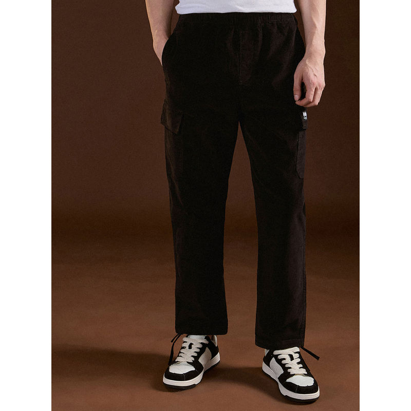 THE BEAR HOUSE Mens Black Relaxed Fit Solid Cotton Cargo Pant (28)