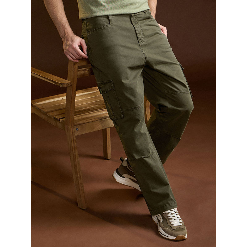 THE BEAR HOUSE Mens Straight Fit Olive Cotton Solid Casual Cargo Pant (36)