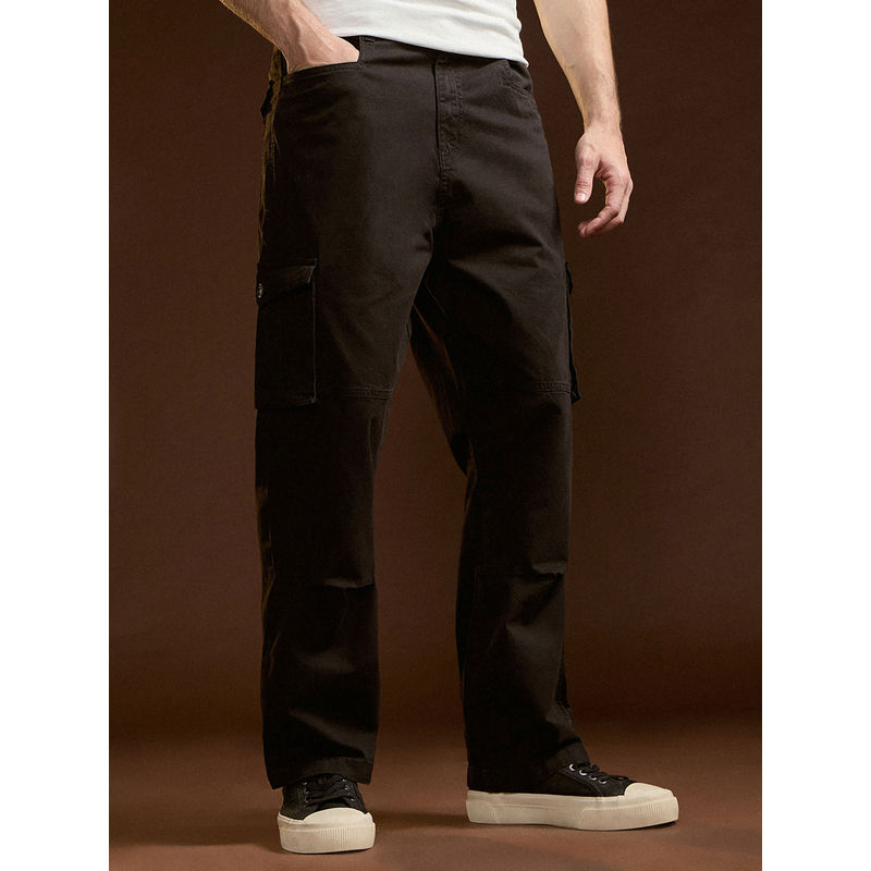THE BEAR HOUSE Mens Straight Fit Black Cotton Solid Casual Cargo Pant (28)