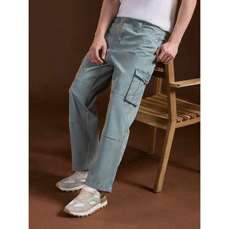 THE BEAR HOUSE Mens Light Blue Straight Fit Solid Cotton Cargo Pant (30)