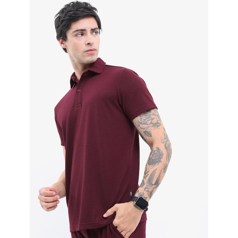 HIGHLANDER Men Popcorn Structured Regular Fit Polo T-Shirt-Maroon (L)