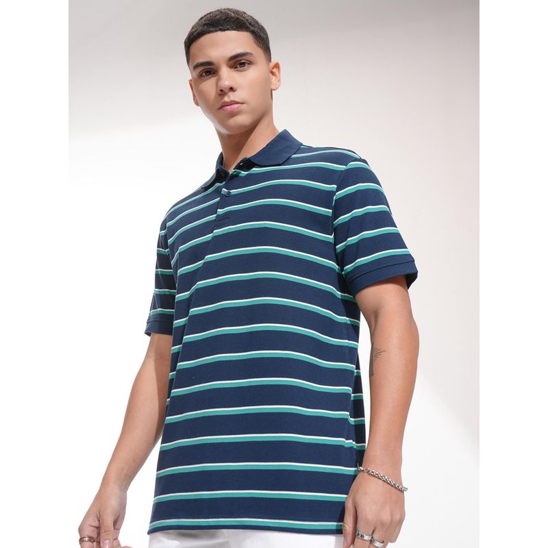 HIGHLANDER Men Dress Collar Striped Relaxed Polo T-Shirt-Teal (L)