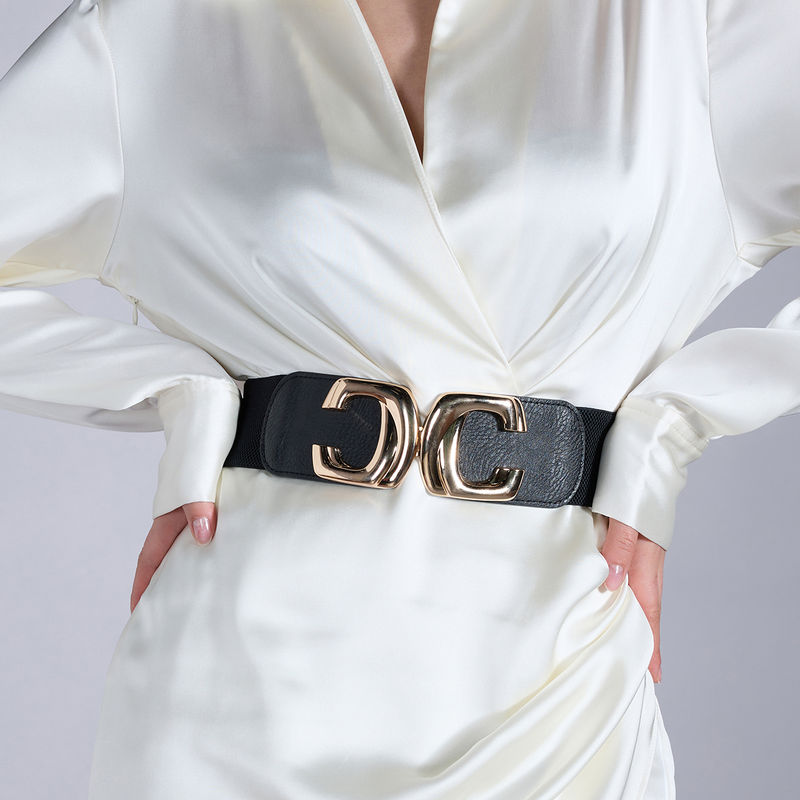 Buy Twenty Dresses by Nykaa Fashion Black Chunky Gold Buckle Elasticated Waist Belt Online
