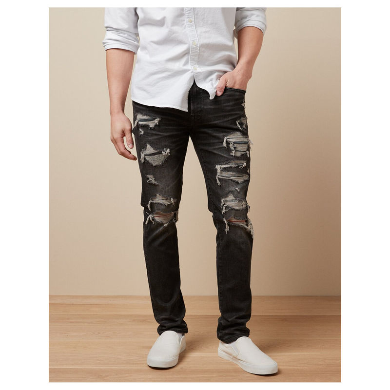 American Eagle Men Black Airflex Patched Slim Jeans (31)