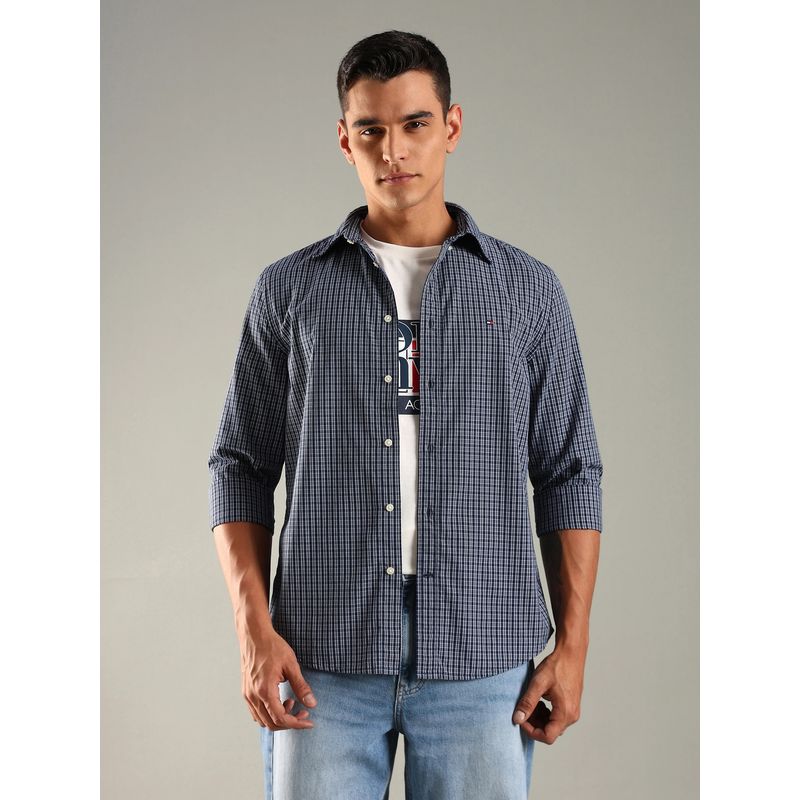 Tommy Hilfiger Navy Blue Checks Regular Fit Poplin Woven Shirt (XS)
