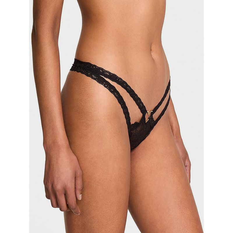 Victoria's Secret Black Very Sexy Lace Heart Hardware Strappy Thong Panty (XL)