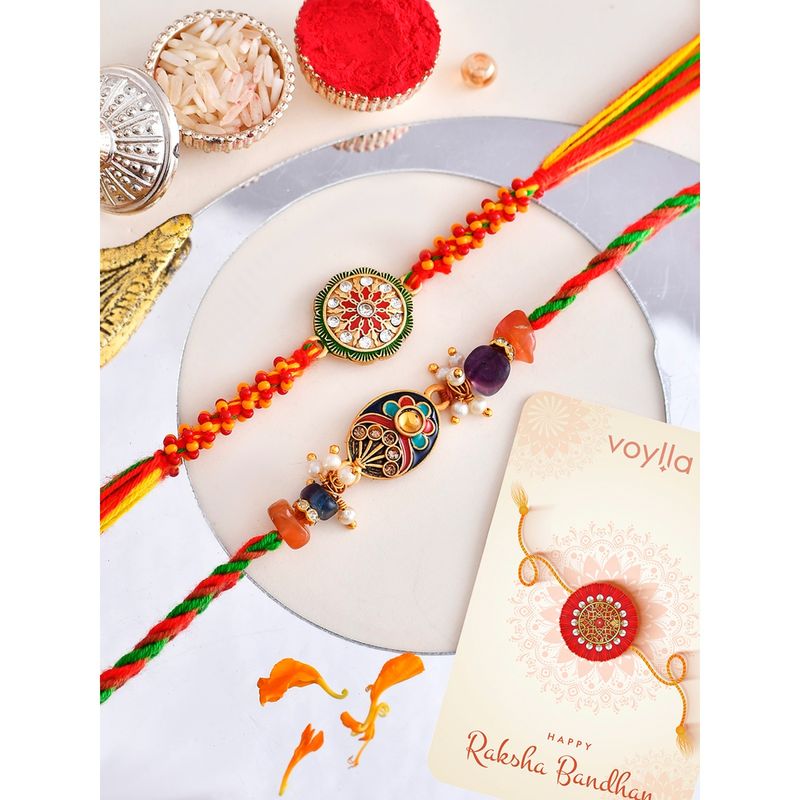 Buy Voylla Traditional Motifs Thread Rakhi with Roli Chawal & Card (Set ...
