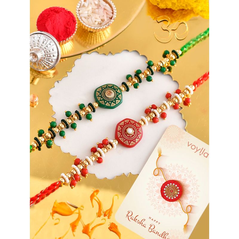 Buy Voylla Traditional Motifs Thread Rakhi with Roli Chawal & Card (Set ...