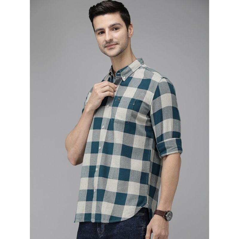 The Bear House Men Teal Bule Checked Button-Down Slim Casual Shirt (S)