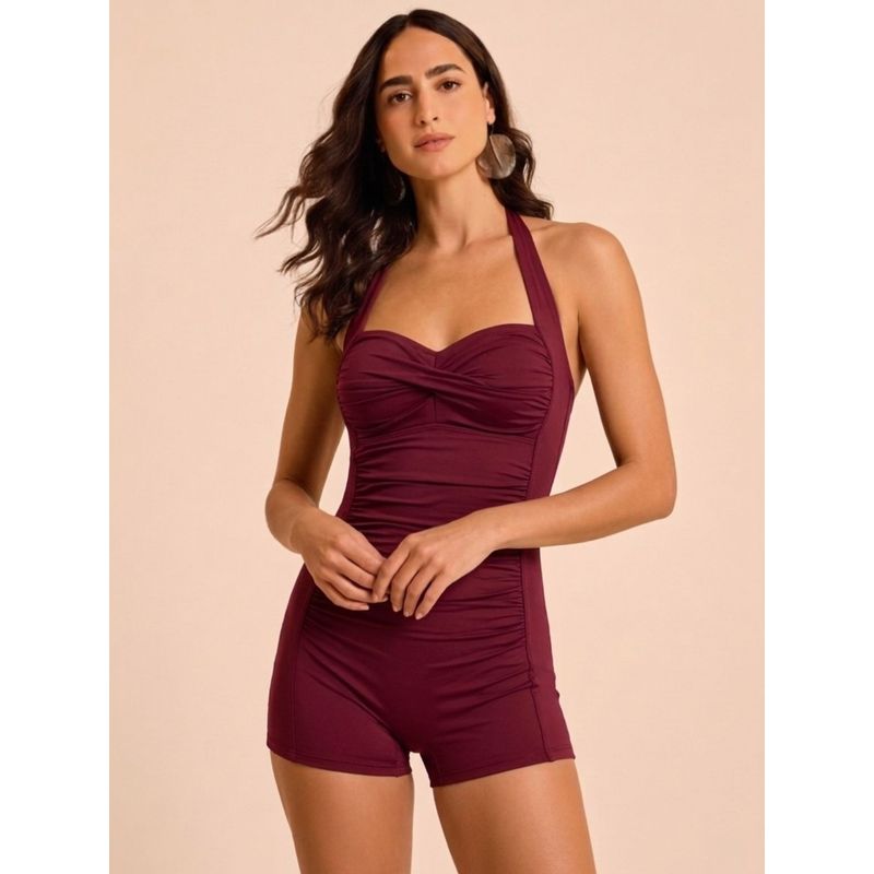 WomanLikeU Maroon Polyamide Solid Swimsuit (S)