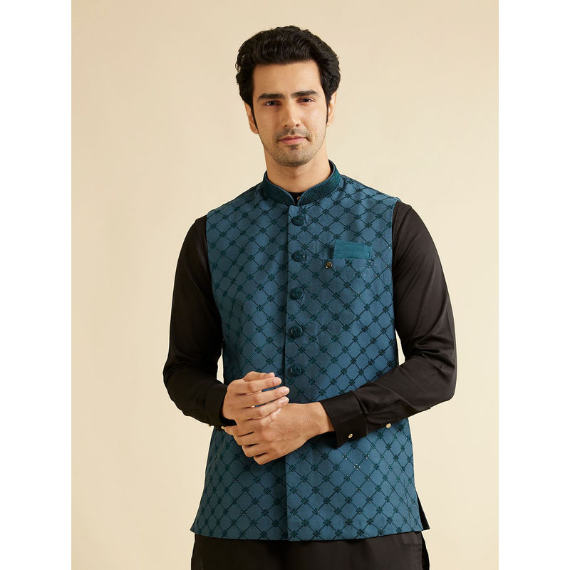 Manyavar Teal Blue Blended Viscose Jacket (M)